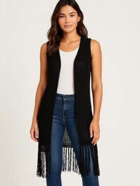 Vintage XL Boho Grunge Crochet Black Lace Fringe-Bottom Kimono Duster Vest